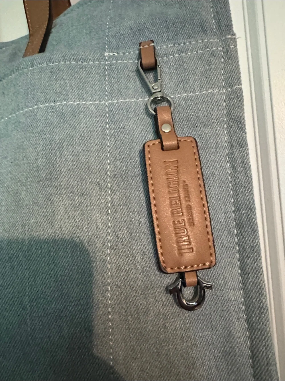 True Religion Blue Canvas Tote with Tan Leather Handles